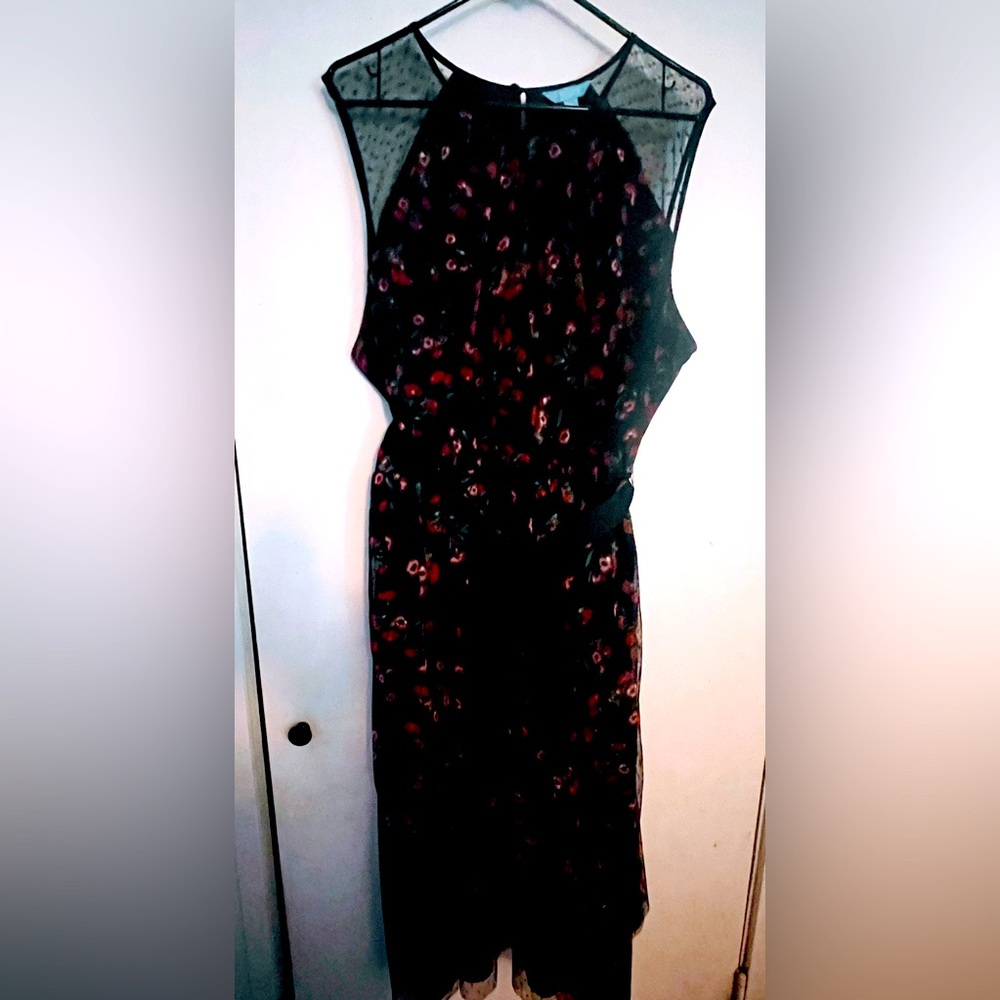 Beautiful Floral Dress with Mesh Sleeve Accents & Belt Tie